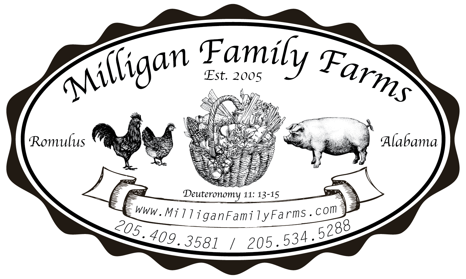Logo of Milligan Family Farms, established in 2005, located in Romulus, Alabama. The design features farm elements including chickens, a basket of fresh produce, and a pig, highlighting the farm's commitment to local agriculture. Contact information and website are included for inquiries.